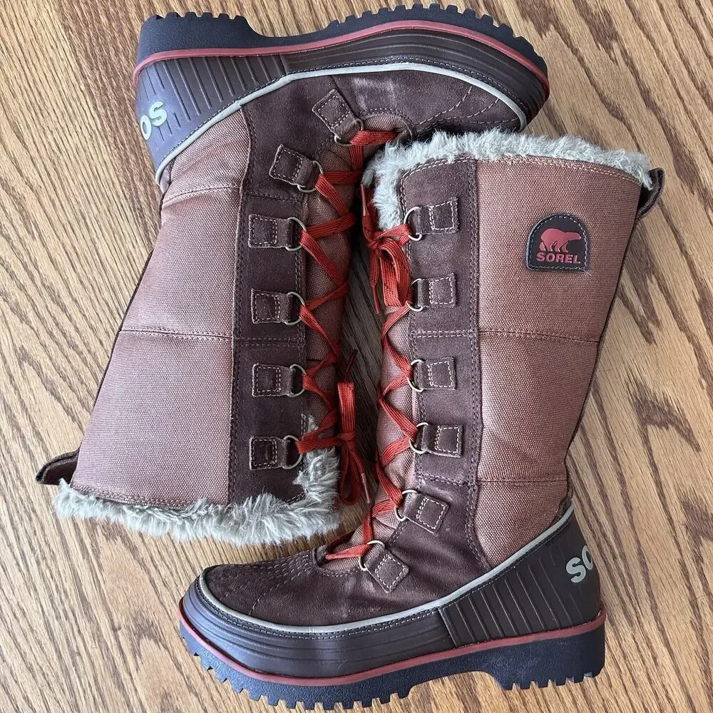 Sorel Women’s 8 Winter Snow Boots Brown Red Lace Faux Fur Tall Waterproof